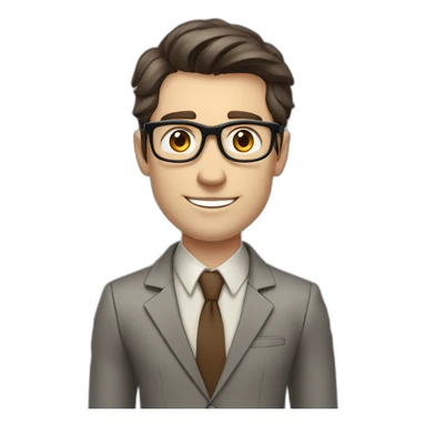 Pale skinned fit man teacher with dark brown hair in gray jacket, beige office shirt, brown tie, brown pants and vintage glasses Writing on the marker board sticker