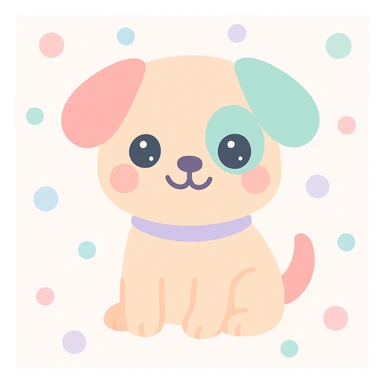 {
  "style_description": {
    "overall_look": "Cute, minimal, and soft with a friendly and playful tone",
    "material_simulation": {
      "primary_material": "flat digital color",
      "texture_detail": "smooth surfaces with no texture or shading",
      "pattern": "none or very simple decorative accents (e.g., hearts, stars)"
    },
    "geometry": {
      "edge_style": "rounded, soft curves with no sharp angles",
      "dimensionality": "flat two-dimensional appearance with simple shapes"
    },
    "color_palette": {
      "scheme": "pastel and light tones",
      "preferred_colors": ["pink", "mint", "lavender", "baby blue", "peach"],
      "contrast": "low contrast with bright accents"
    },
    "facial_features": {
      "eyes": "large, sparkly, often oval or circular",
      "mouth": "small, often a simple curve or dot",
      "expression": "joyful, innocent, or calm"
    },
    "lighting": {
      "type": "none or implied with soft highlights",
      "purpose": "maintain a clean and cheerful look"
    },
    "render_constraints": {
      "avoid": ["realistic shading", "high detail", "dark themes", "texture noise"],
      "focus_on": ["cute expression", "iconic simplicity", "emotional warmth"]
    },
    "background": {
      "color": "white or soft pastel",
      "style": "plain or patterned with simple icons (e.g., polka dots, stars)",
      "lighting_consistency": "no shadows, evenly lit feel"
    }
  }
}

{subject} = dog sticker