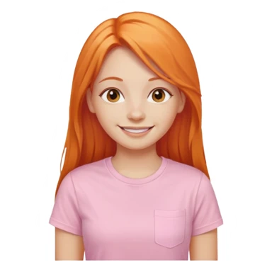The girl with long orange hair is very happy. Make the girl similar with the reference picture. Change her sweat. Make it pastel pink t-shirt. sticker