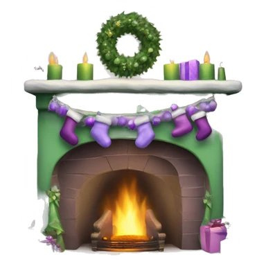 Realistic decorated green and lilac Christmas fireplace sticker