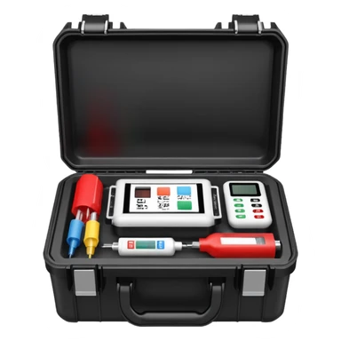 An open black hard-shell test case. inside: technical control handy, a power outlet, USB port, and colored test sockets. A large roll of white test labels with qrcode lies next to the equipment, along with one red test probe. sticker