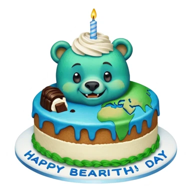 Earth eating a cake that says, “happy bearth day!” sticker