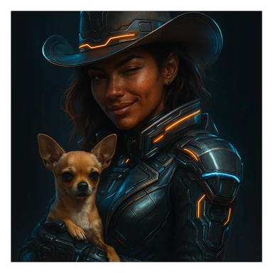portrait of a tanned female cowboy with subtle freckles, brown hair with auburn highlights, rebellious and playful expression, futuristic style, holding a beige-brown chihuahua, dark background, high-tech elements, metallic colors and neon lights sticker