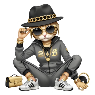 female cat dressed like Run DMC in tracksuit, fedora, Adidas shoes, dark sunglasses, lots of gold chains, rings, bracelets, earrings, lying on the ground after falling, distressed sticker