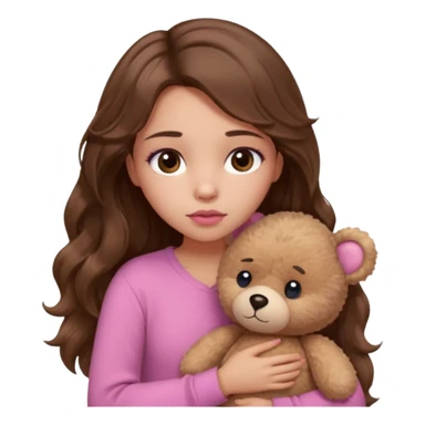 girl with long wavy brown hair, brown eyes, light to medium complexion, in a pink shirt, pink lips, long lashes, sad, hugging a teddy bear with a  heart sticker