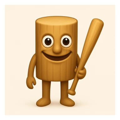 Make the character less human and more like a wooden stump, with a face that closely matches the reference image: large round eyes, wide unsettling smile, and minimal human features. Keep arms and legs, holding a baseball bat. Render in emoji style. sticker