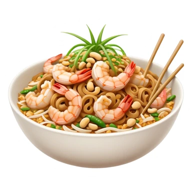 Cinematic Realistic Pad Thai Dish Emoji, depicted as stir-fried rice noodles with shrimp, tofu, peanuts, and bean sprouts rendered with vibrant textures and dynamic, appetizing lighting. sticker