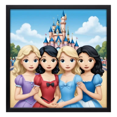 escribe el nombre Disneyland Paris y para titulo, pon a quatro chicas: una pelo corto negro, una pelo rizado largo, una pelo largo liso y la otra pelo ondulado mediano, esta con el ojos azules. Haz un cuadrado rectangular grande y por los lados pon a las chicas que te he descrito sticker