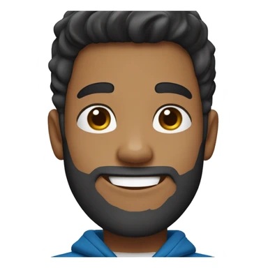 A cheerful young male digital avatar with medium skin, large brown eyes, black medium pompadour hairstyle, beard medium , a bright smile, and a mole on the left cheek, wearing a blue hoodie. sticker