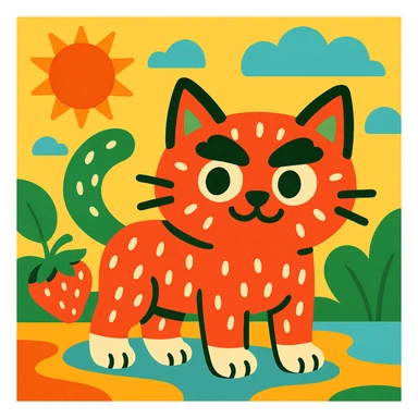 a cat with strawberry patterned skin, bushy eyebrows, and white toes, fun whimsical style, vibrant colors sticker