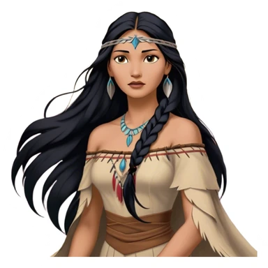 Cinematic Realistic Pocahontas Portrait, depicted with lifelike skin texture, soft natural lighting, and intricately detailed long, flowing raven-black hair that moves gracefully in the wind. Her deep, soulful dark brown eyes exude wisdom and strength, complemented by a serene yet powerful expression. She is dressed in her classic one-shoulder native american dress, with rich fabric textures and delicate beaded details that catch the light beautifully. The portrait features a soft, sun-kissed glow with a natural, radiant finish, capturing the essence of untamed beauty and deep connection to nature in a realistic and painterly style, evoking a sense of depth and authenticity. sticker