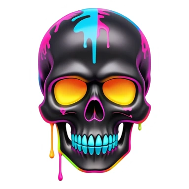 sleek black skull with vibrant neon graffiti tags and famous luxury brand logos spray painted, front view sticker
