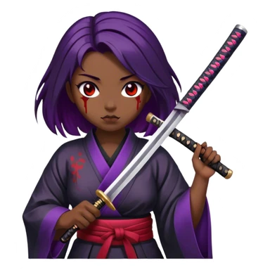A samurai girl with deep purple hair, black kimono, holding a bloodstained katana sticker