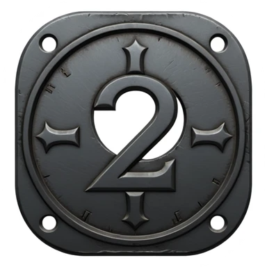 Minimal emoji, gothic metal coin made of black steel, engraved number 2 at the center, ancient industrial aesthetic, worn metal texture, no glow, no neon, flat emoji design, centered, transparent background sticker