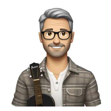 A male music teacher with short grey and brown hair, with very light stubble,  black rectangle glasses, wearing a short sleeve button up patterned shirt, muscular body type, holding a guitar sticker