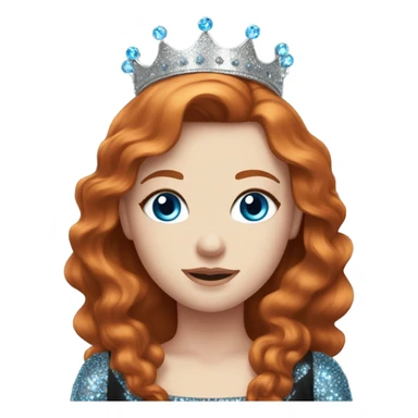Beautiful girl with redhair, pale skin and bright blue eyes. She wears a sparkly black dress and a silver crown  sticker