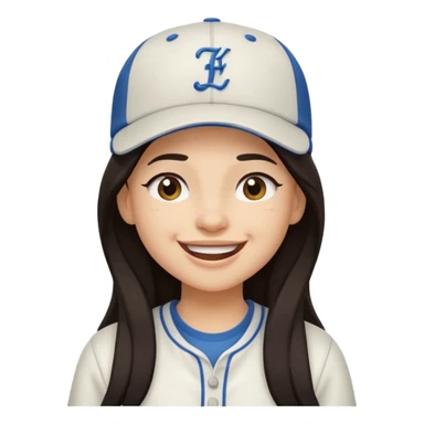 Digital illustration of a cartoon character with a big smile on its face and winking with one eye. The character has long dark hair and is wearing a white baseball cap and casual clothes. The overall style of the illustration is cute and playful. sticker
