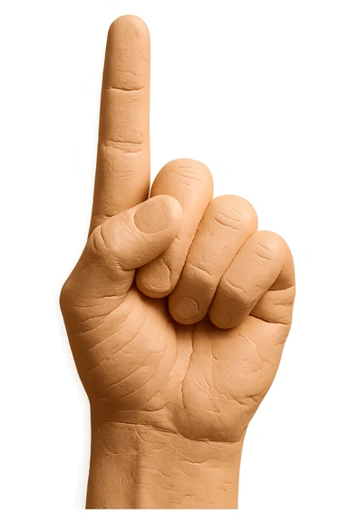 Make the hand look even more plasticy and like a figurine's hand, with a smooth, slightly glossy plastic surface, very detailed and high quality, pointing upwards with the pointer finger extended, realistic skin color, no background. sticker