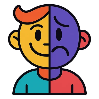 a two-faced character, one side happy and one side sad, vibrant cartoon style sticker