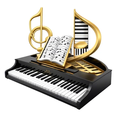 Create a detailed and elegant emoji collage representing keyboard instruments in a celebratory and professional style, reminiscent of a coat of arms. The design should feature a central arrangement of black and white piano keys, forming a symmetrical, powerful image. Around the keys, include a flowing ribbon of musical notes that intertwines with the keys, creating a sense of movement and harmony. Use gold and silver accents to highlight the keys and musical notes, giving the design a festive, high-quality appearance. The design should convey professionalism, elegance, and a sense of occasion. Add subtle reflections on the piano keys to enhance the polished look. The background should be transparent. sticker