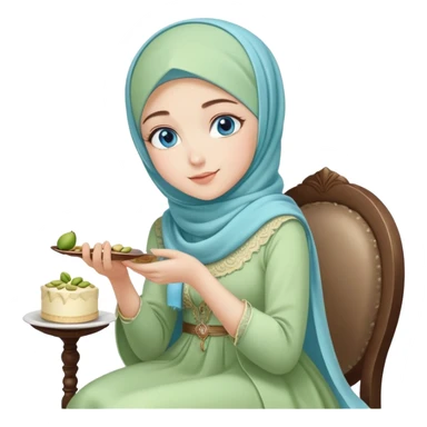 Turkish beautiful finish Konya girl blue eyes with pastel hijab long tail dress and sits on the chair and holds pistachios cake with her hand  sticker