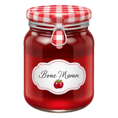 Bonne Maman jam jar, glass, red and white checkered lid, handwritten label, cute emoji style sticker