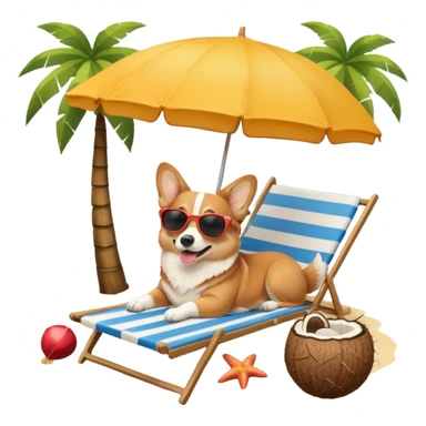 a corgi dog laied on a beach chair, a sunny beach, a sun umbrella, and beach coconut trees. the icon should capture the essence of a relaxing beach vacation with a carefree atmosphere sticker