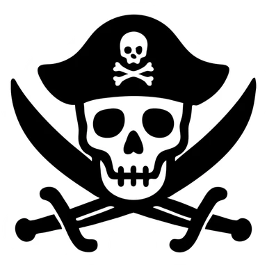 stylized icon of green skull with empty sockets, classic black pirate hat with small skull-and-crossbones on front, two curved cutlasses crossed behind the skull, bold black and green palette on white background, swords detailed and do not cover the skull sticker