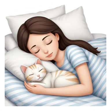 side view Brunette teenage girl sleeping with white cat that has beige stripes on a white pillow with white sheets sticker