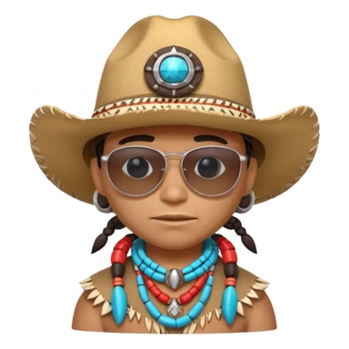 cute Indigenous tribal character portrait, head and shoulders only, cowboy hat, sunglasses, tribal accessories, confident expression, 3D cartoon, mobile game icon style, clean background, no text, no watermark
 sticker