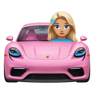pink Porsche taycan with blonde girl, long hair, blue eyes, front view point of view, no sunglasses, sexy sticker