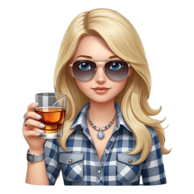 girl with long blond hair, wearing grey/white plaid shirt, with blue eyes and aviator sunglasses, wearing a ring on her silver necklace around her neck, holding a glass of whiskey, wearing rose gold apple watch sticker
