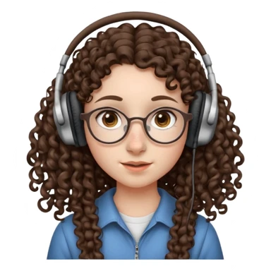 brunette kid with unique face features and very curly long hair kid girl neutral and very big nose and ears and dark eyes with freckles kind of nerd looking and headphone wearing no glassess just nose piercing very big one sticker