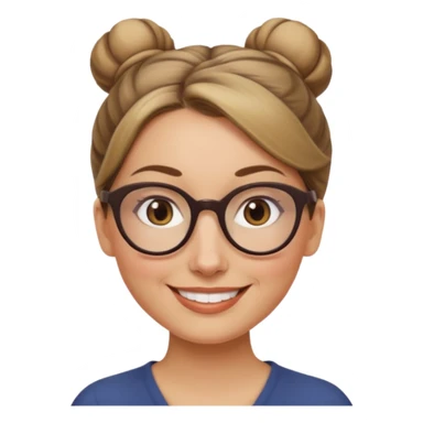 femme de 38 ans avec des cheveux tirés vers l'arrière blond foncé sans mèche devant, un chignon haut, yeux bruns, lunettes rondes, visage ovale sticker