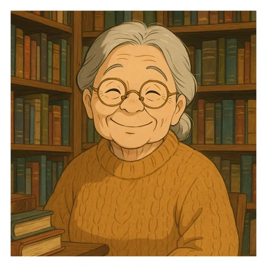 ghibli style elderly smiling librarian granny, warm expression, glasses, cozy sweater, surrounded by books sticker