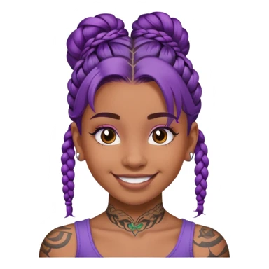 Con gái, 15 tuổi, cười mỉm, da nâu, tóc tím tết tóc cuốn lọn trên đầu, xăm trên mặt sticker