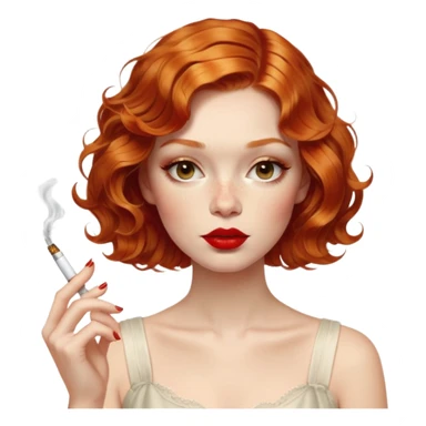 Alluring ginger 1870's French girl french shiny wavy textured bob haircut tousled hair red lips smoking cigarette sticker
