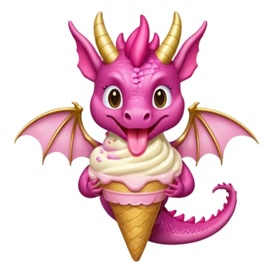 A dragon with its shiny glittered wings in pink tones and pink and gold legs, eats vanilla and chocolate ice cream sticker
