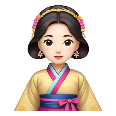 Cinematic Realistic Hanbok Emoji, depicted as a graceful intricately designed traditional Korean dress with vibrant colors and flowing lines, rendered with delicate textures and soft cultural lighting that captures its timeless elegance. sticker