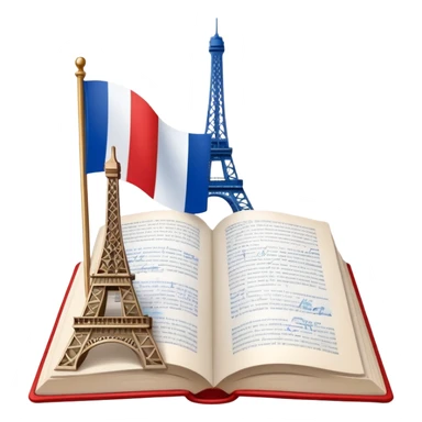 An icon featuring the flag of France, symbolizing the French language. The design includes an open book and the Eiffel Tower behind, representing language learning and cultural elegance. Transparent background highlights the beauty of French heritage. sticker