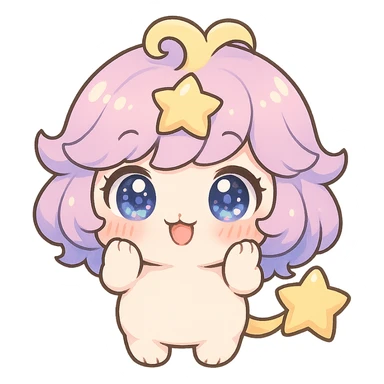 Stella Puff (星星噗噗) in kawaii chibi style, front view, acting cute and coquettish, big sparkling glassy blue-violet eyes, puffy pastel pink-purple gradient hair with a yellow star swirl, creamy white round body, coral pink blush, short arms and legs, soft golden star tail, clean lines, transparent background sticker