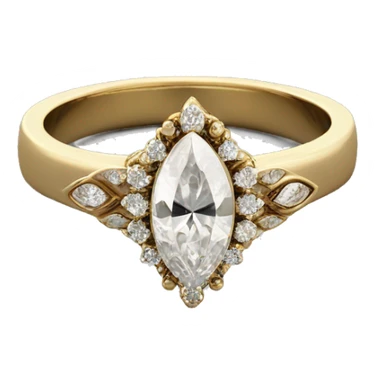 A marquise diamond ring with a vintage floral halo, small diamonds around the center stone, and a thin gold band.  Elegant and timeless.  With a men’s gold wedding band.  sticker