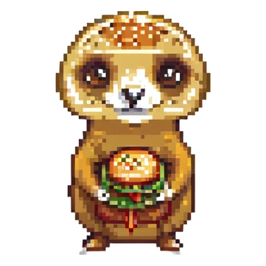 a meerkat face holding a burger in front of it, pixel art style sticker