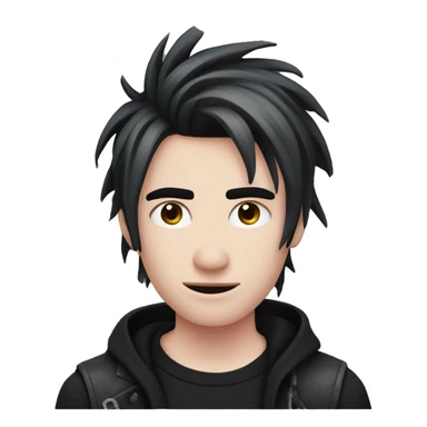 Create an emoji of an emo guy with split-dyed hair—one side pastel pink and the other side black. The hair should have a slightly messy, choppy texture, and the character should have a subtle, sad expression, wearing dark clothing typical of emo fashion sticker