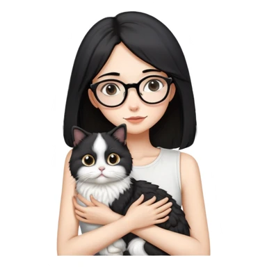 Skinny woman with oval glasses, shoulder length straight black hair, wearing white sleeveless top, hugging a Persian-Angora cat that's gray and white like Oreo cookies, plain background sticker
