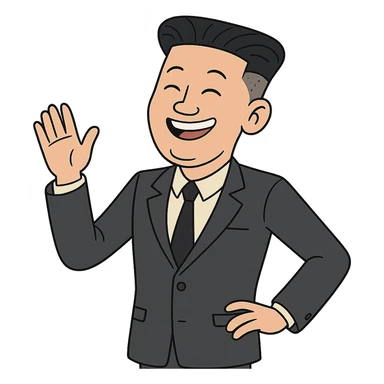 playful cartoon of slim Kim Jong Un, smiling, modern suit, recognizable hairstyle, lighthearted and humorous sticker