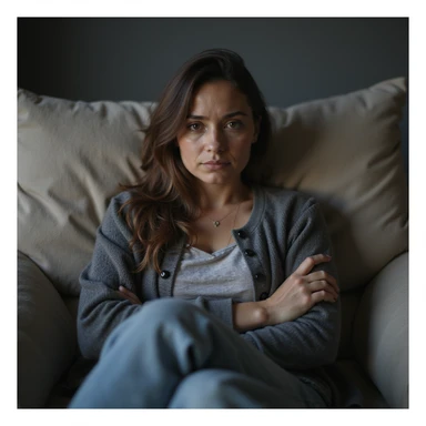 woman sitting on a sofa, tired face, dull eyes, marked dark circles, fatigued posture, comfortable clothing, hyperrealistic style, realistic details, 4K quality, domestic environment sticker