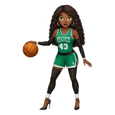 A 47-year-old dark black woman with brown eyes, long dark brown baylaige hair dressed in sexy 
celtics jersey costume outfit and stilettos  sticker