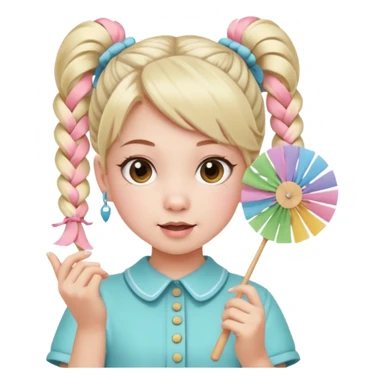 A pigtail girl in modern outfit using a pastel fan with playful expression. sticker