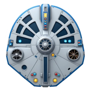 Millennium Falcon from Star Wars, emoji style, spaceship with surface details, panels, antenna, circular cockpit, blue lights, oval shape, metallic colors, very recognizable sticker